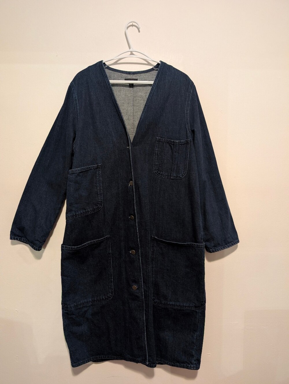 COS 100% Cotton Raw Indigo Denim Duster Coat Collarless Snap Front Minimalist 8